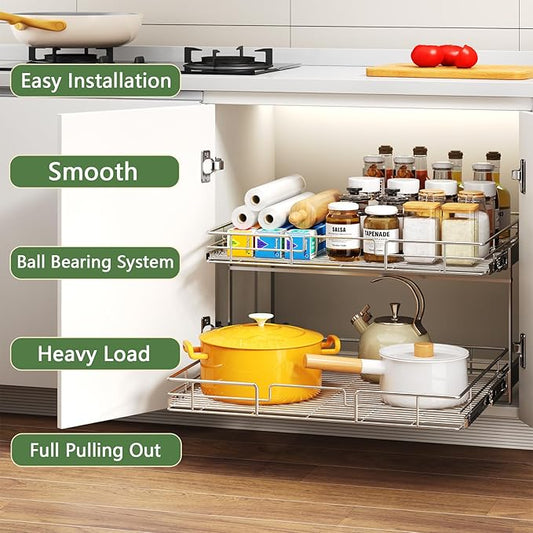 2 Tier Individual Pull Out Cabinet Organizer 28½" W x 21½" D, Heavy Duty - Image 2