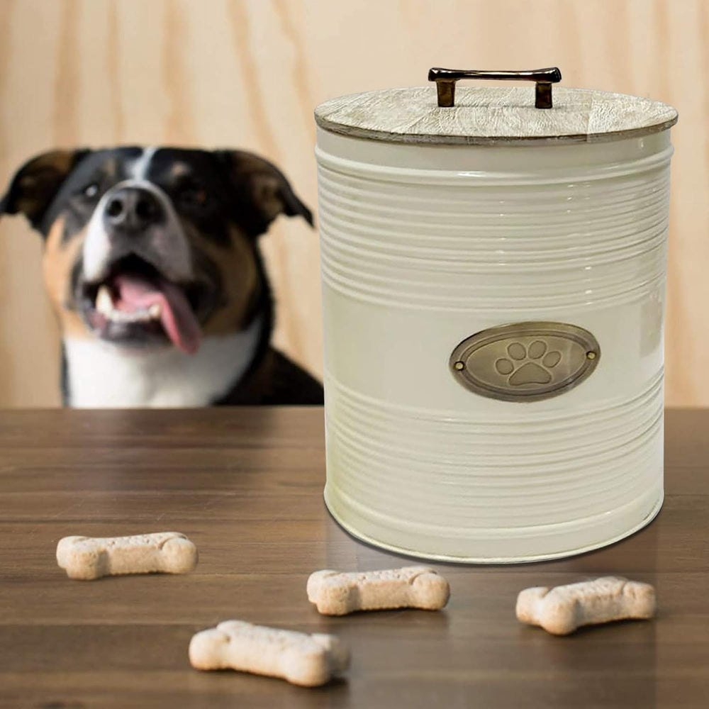 nu steel metal Ribbed Ivory 3 Pc set Jumbo Pet Canister with Golden PAW Plaqu...