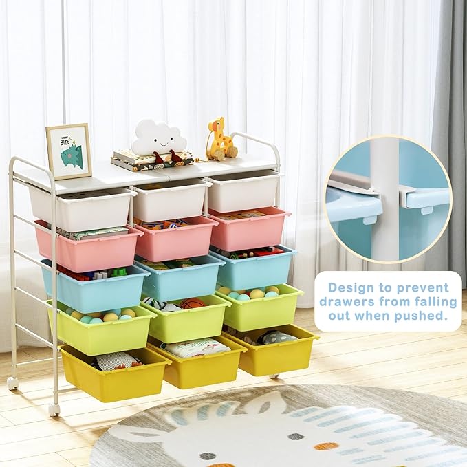 15 Drawers Rolling Cart With Wheels, Plastic Storage Drawer With Metal Frame