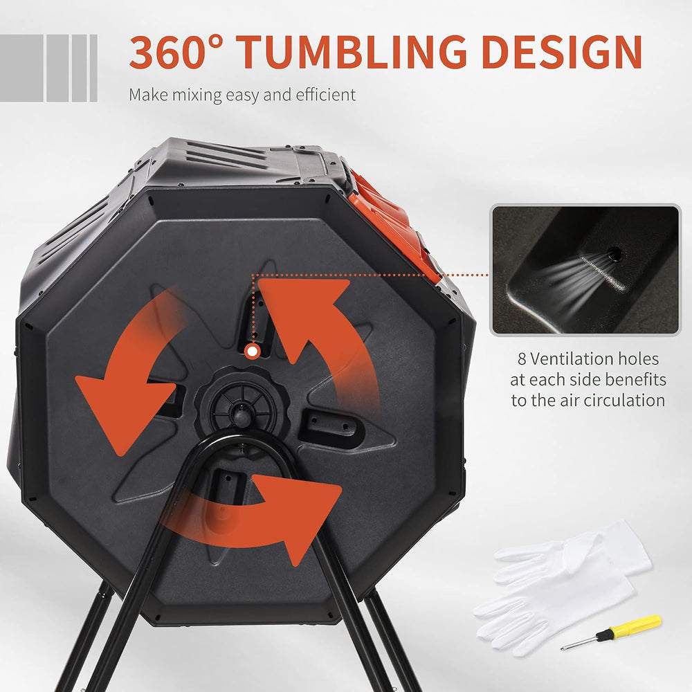 Outsunny Tumbling Compost Bin 360° Dual Chamber 43 Gallon, Orange