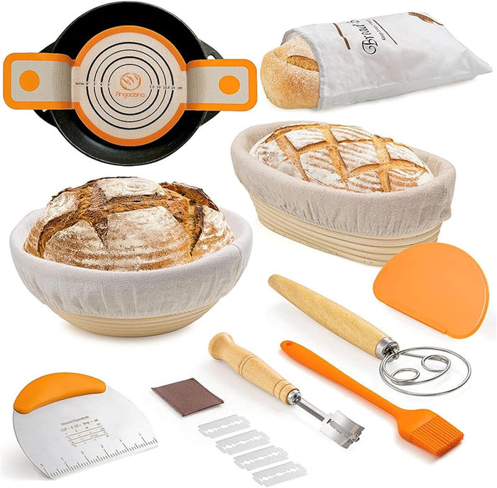 SOURDOUGH Baking Kit, 10" Oval & 9" Round BANNETON Proofing Basket Set with Liners, Bread Lame, Silicone Sling, Danish Dough Whisk, Scrapers, Gift for Bakers