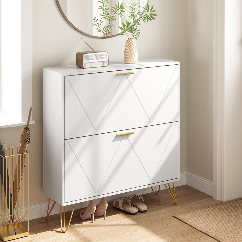 Shoe Storage Cabinet with 2 Striped Flip Drawers and Metal Legs, White丨Modern...