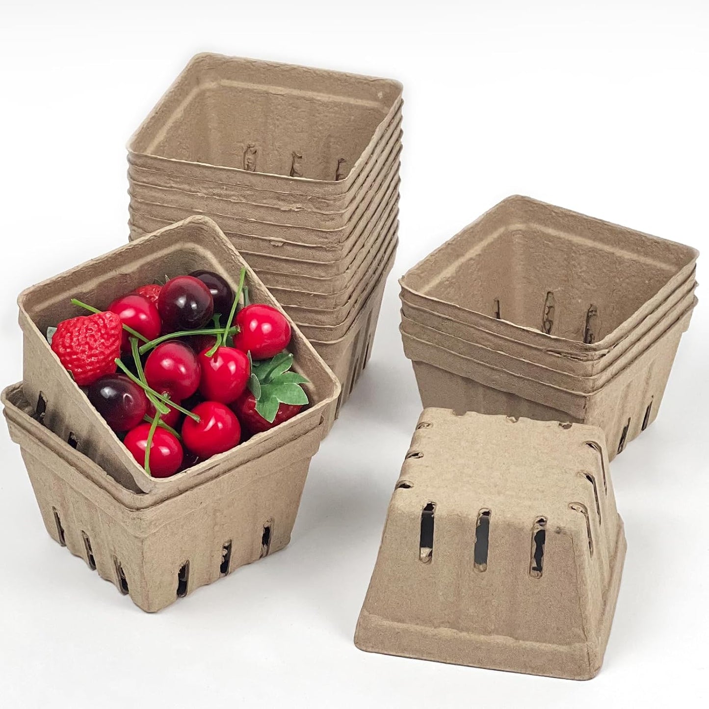 Rainmae 50 Pack Natural Pulp Fiber Berry Basket, Molded Berry Basket Produce Vented Container for Strawberry Blueberry Raspberry and Vegetable, Farmer Market, Grocery Stores, Backyard Party