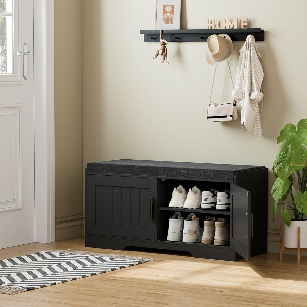 Homleke Shoe Storage Bench, 2 Doors & Thickened Padded Seat Cushion