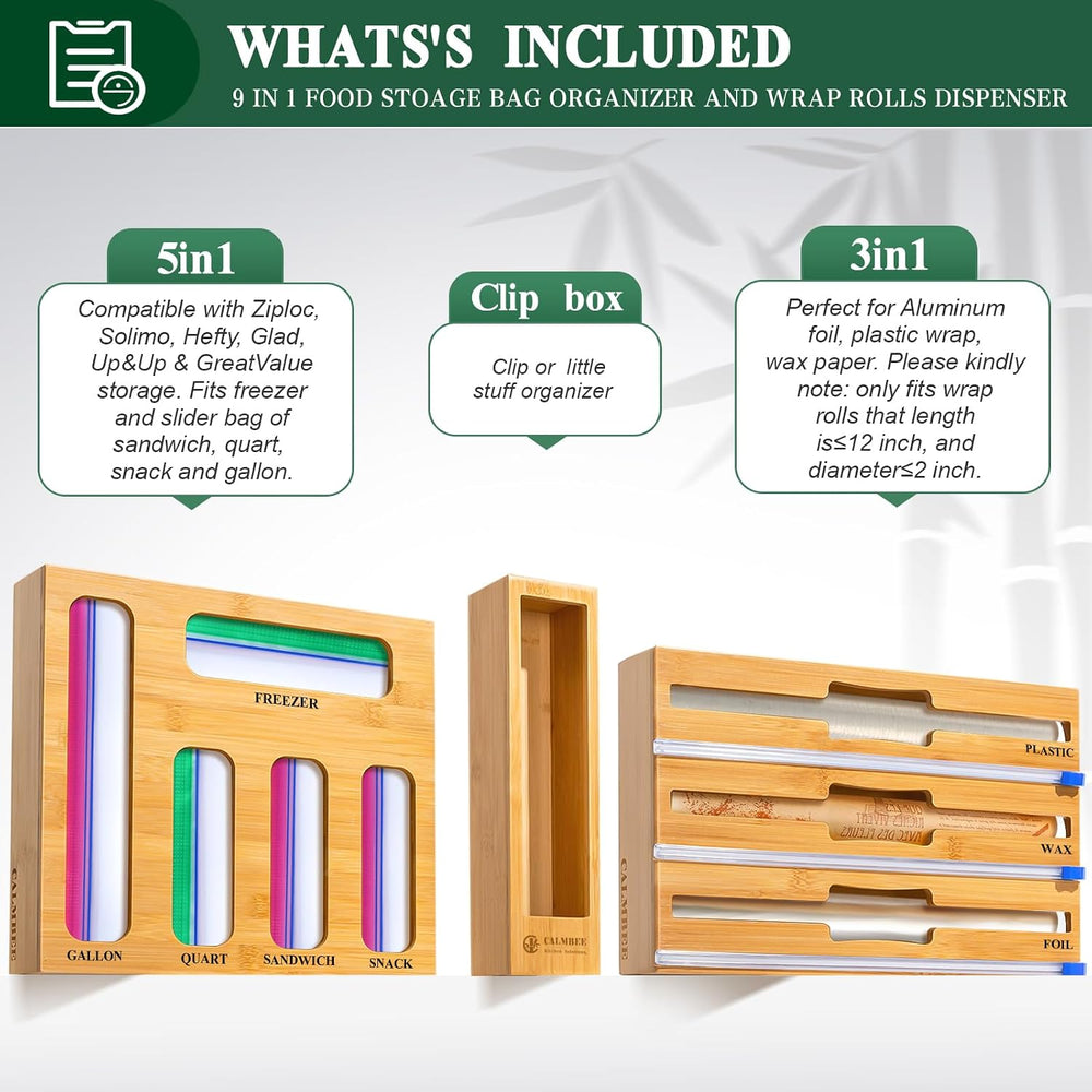 Calmbee 9 in 1 Bamboo Storage Bag Organizer for Kitchen Drawer – Plastic Wrap...