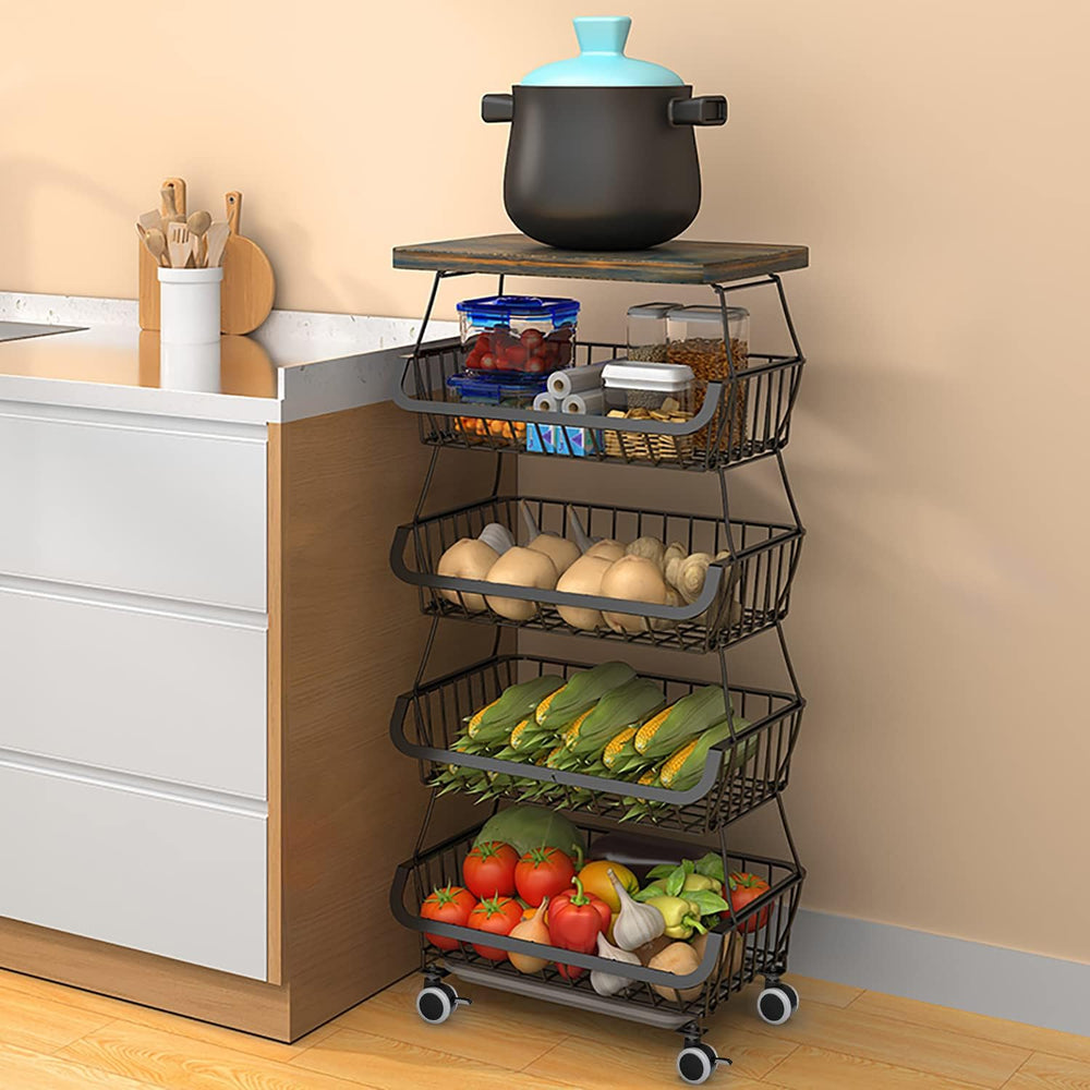 5-Tier Rolling Pantry Floor Organizer with Wheel Stackable Fruit Vegetable St...