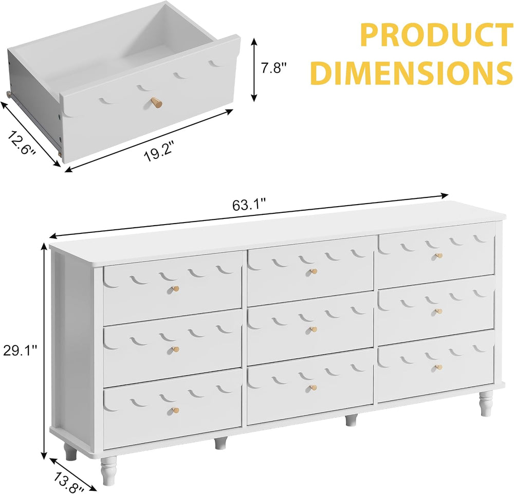 Anbuy Scalloped Dresser for Bedroom White 9 Drawer Dresser, Long Scalloped Ch...