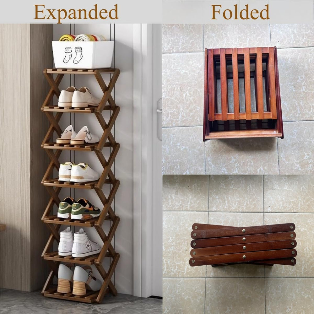 5 Tier Foldable Shoe Rack, Bamboo Vertical Shoe Organizer Tall for Multifunct...