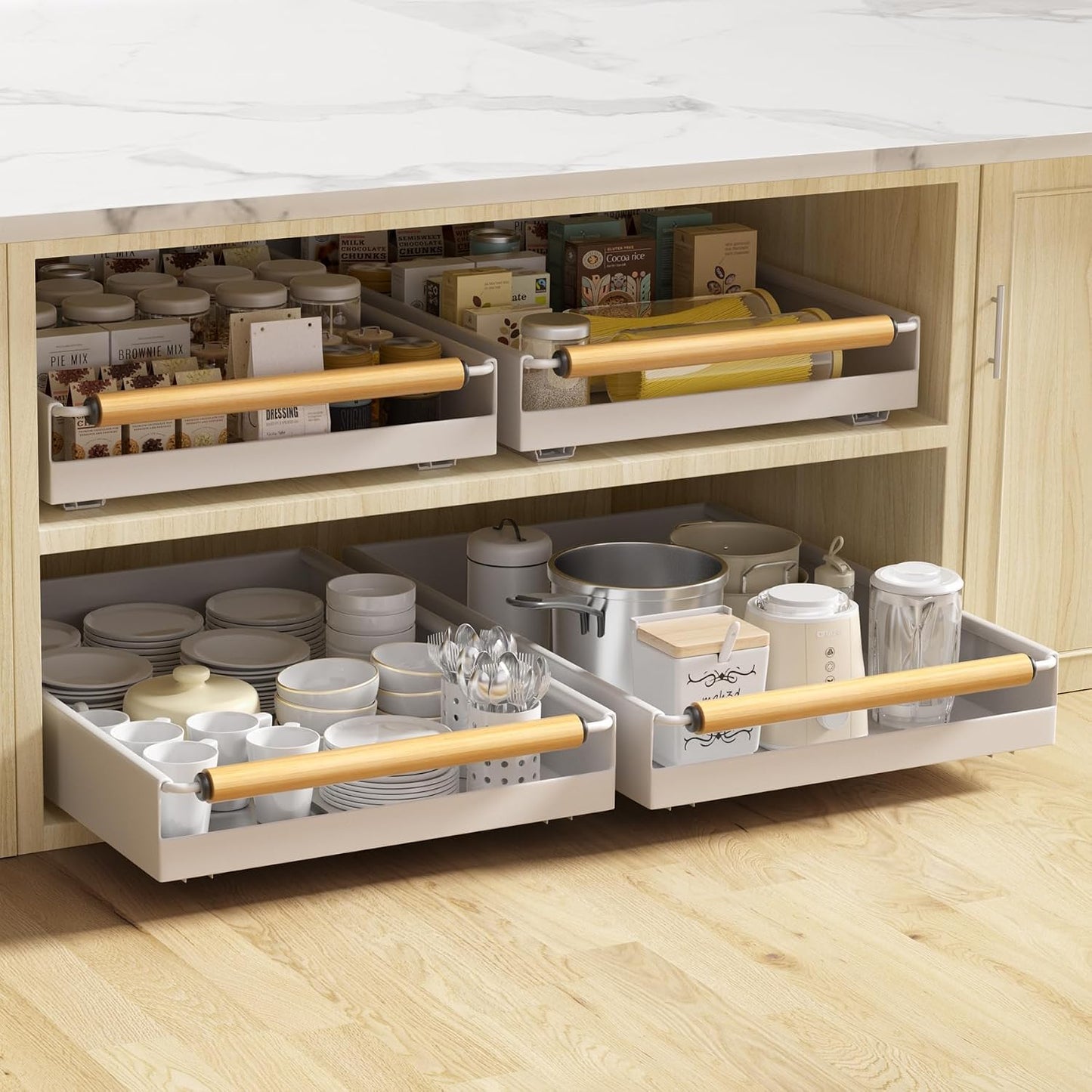 2 Pack No-Drill Pull Out Cabinet Organizer 15.3'' Deep Expandable Slide Out Drawers for Kitchen Pantry & Under Sink Storage, Adhesive Nano Film Mount, White