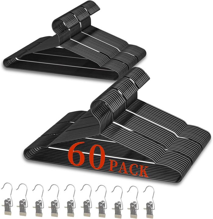 60Pack+10 Clips Luxurious Metal Hanger Set, Upgraded Thicker Black Hangers