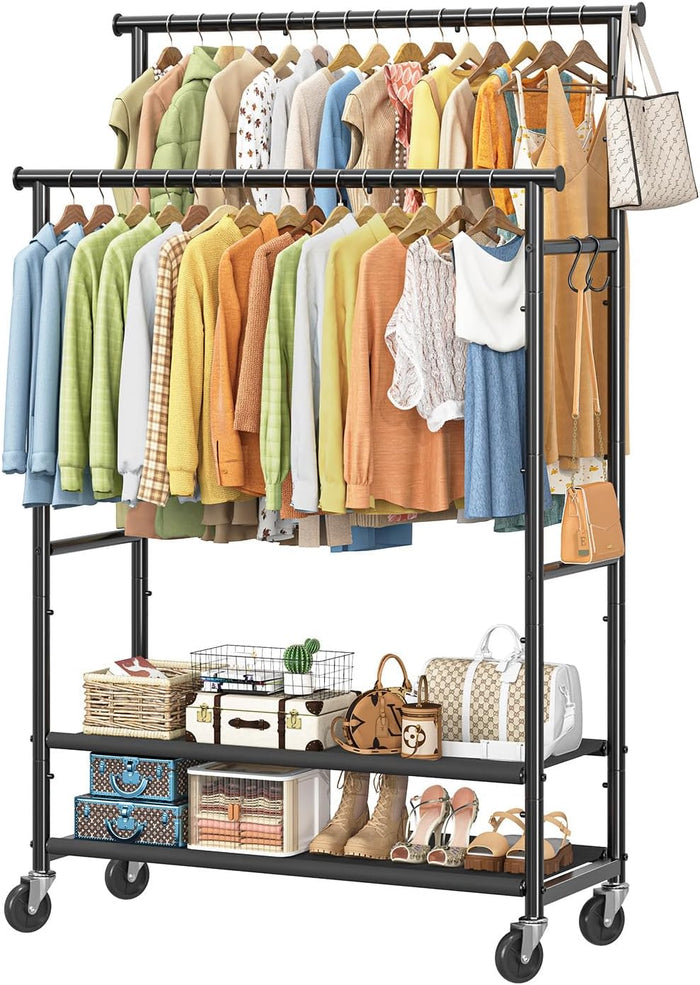 Ekisemio Double Rods Clothes Rack for Hanging Clothes, Rolling Clothing Rack with Wheels, 2-Tier Hanging Rack with Mesh Shelves, Holds 300 LBS for Bedroom, Laundry, Living Room, Black