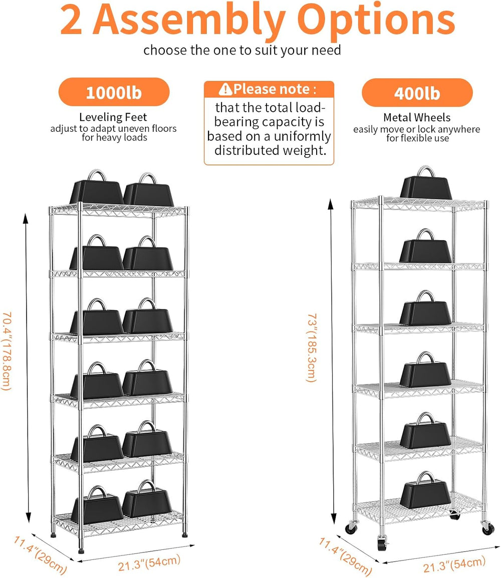 6-Tier Wire Shelving Unit,Metal Shelf Racks with Lockable Wheels,Chrome