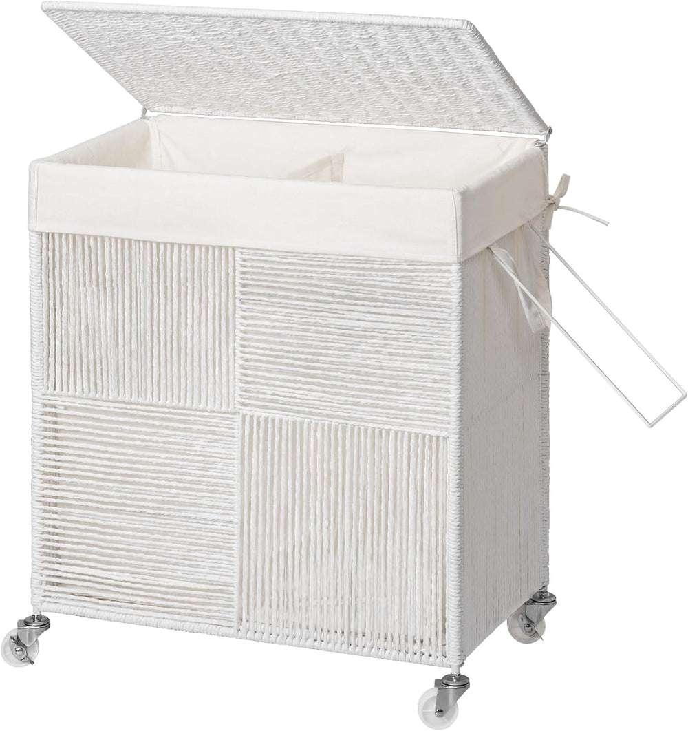 WOWLIVE Double Laundry Hamper with Wheels, Handwoven Rolling Laundry Basket