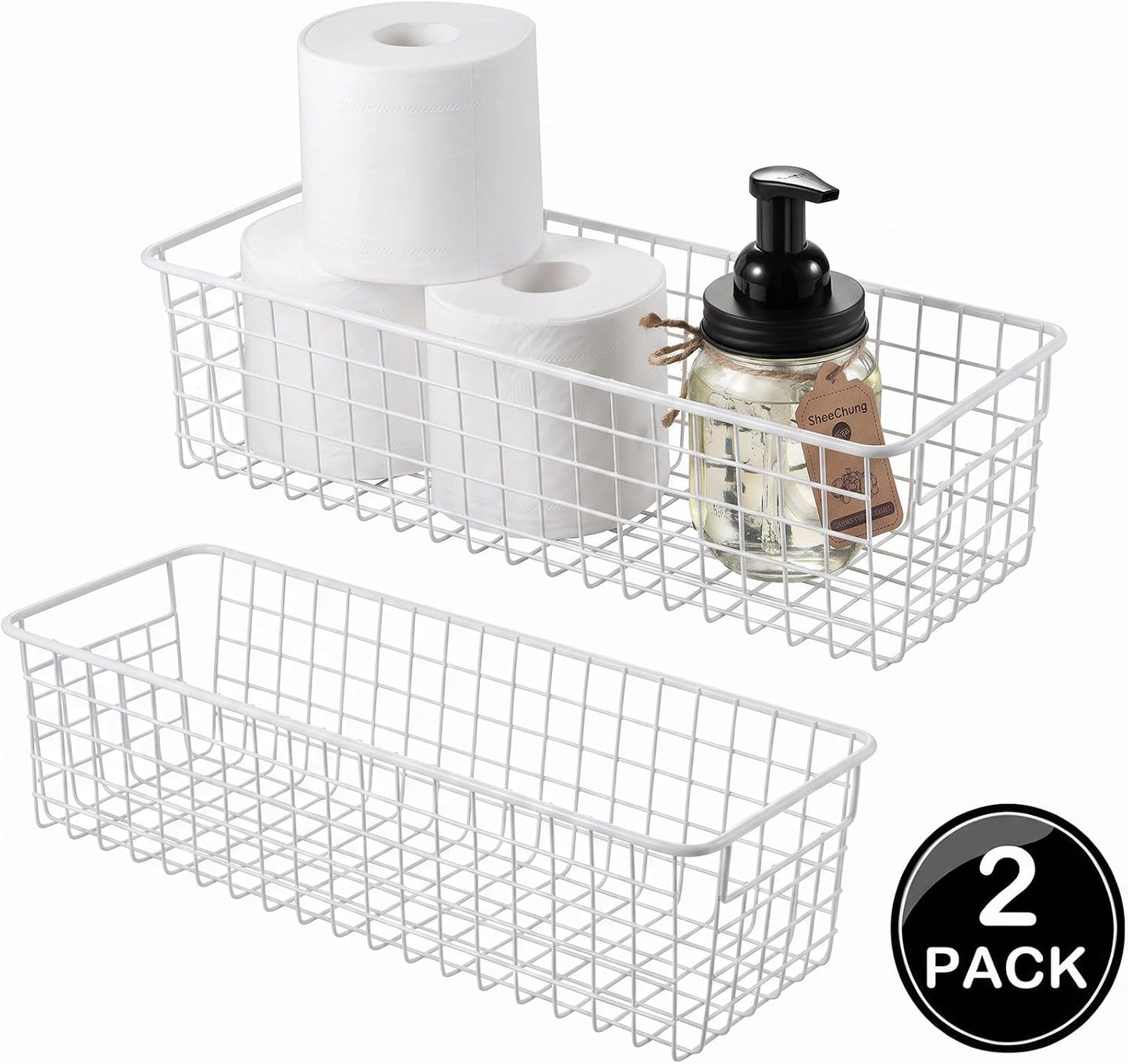 SheeChung Wire Storage Baskets, Metal Toilet Paper Basket Holder, White | 2 Pack Large Hanging Basket, Farmhouse Decor Storage Organizer Bin for Bathroom, Kitchen, Cabinets, Pantry, Closets, Garage