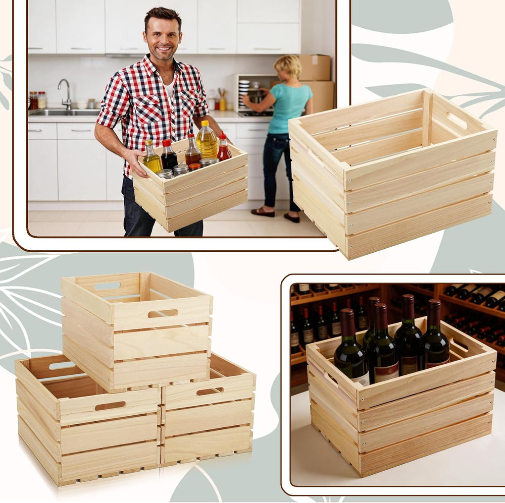 3 Pack Large Wooden Storage Crates 16 x 12 x 9.5 Inches