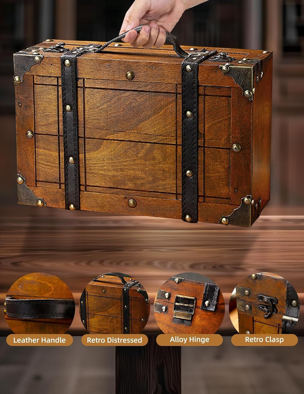 Wooden Storage Box Distressed Treasure Chest Box with Finger Lift Latches Sta...