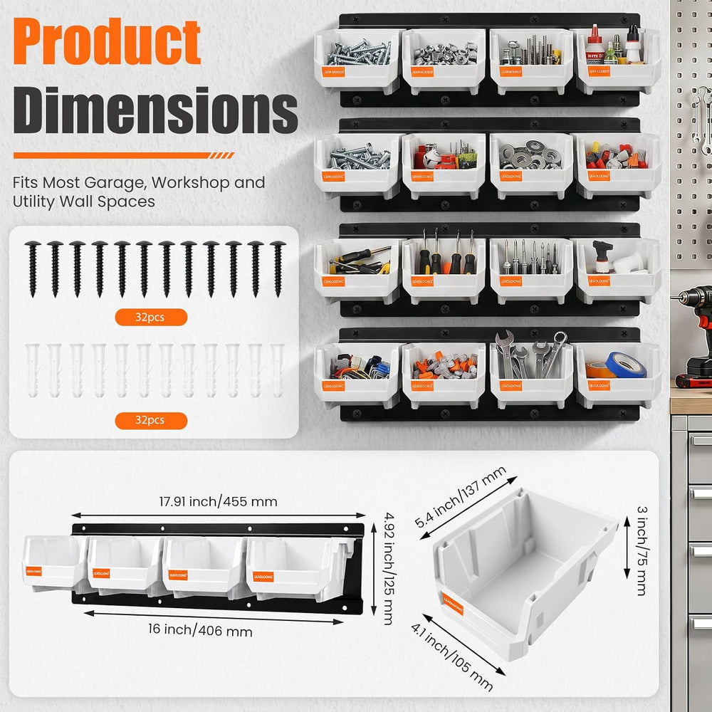 16pc Wall-Mounted Storage Organizer Set with Metal Rails White