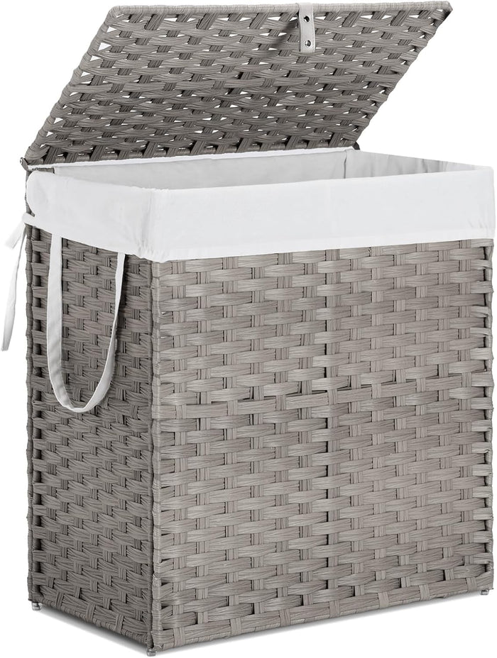Laundry Basket with Lid, 110 L Large Capacity Hamper, Rattan Laundry Basket with Compartments & Handles, Foldable, Removable Liner, Dove Gray