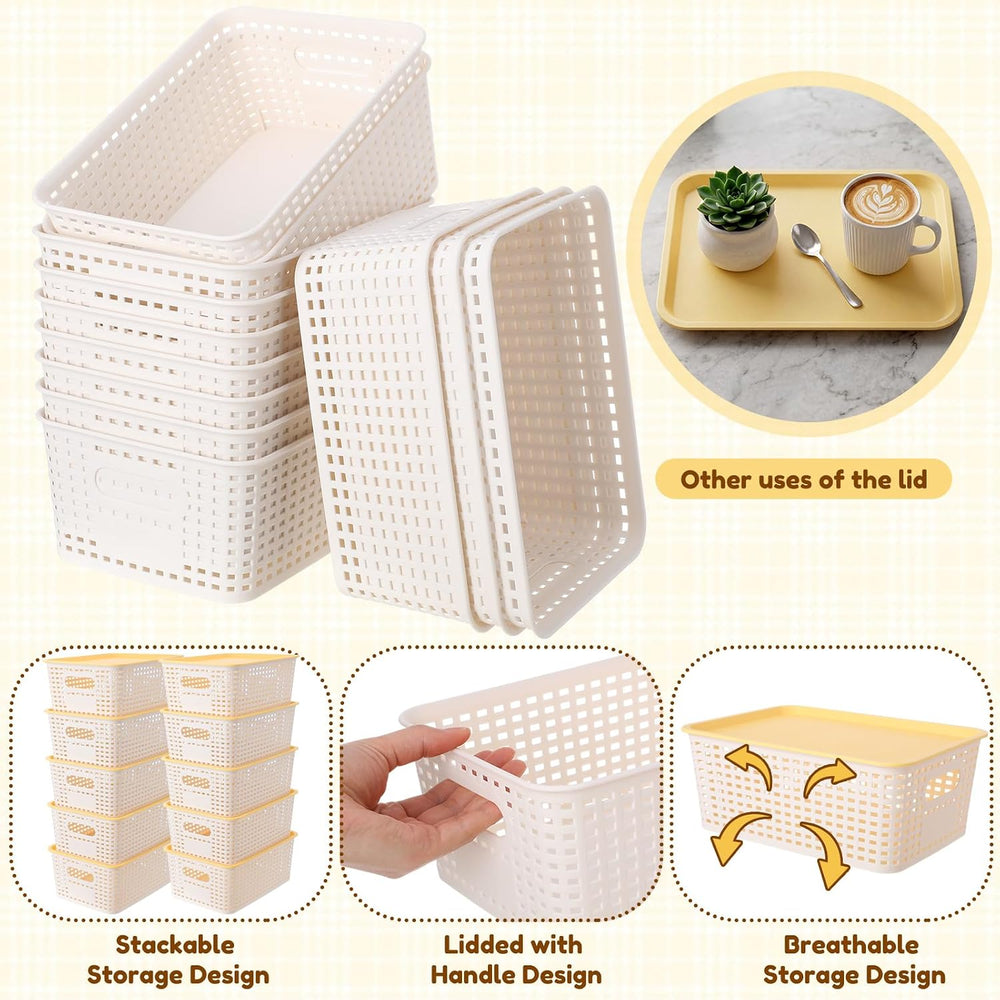 Remerry 12 Pack Plastic Storage Baskets with Lids Stackable, Cream White