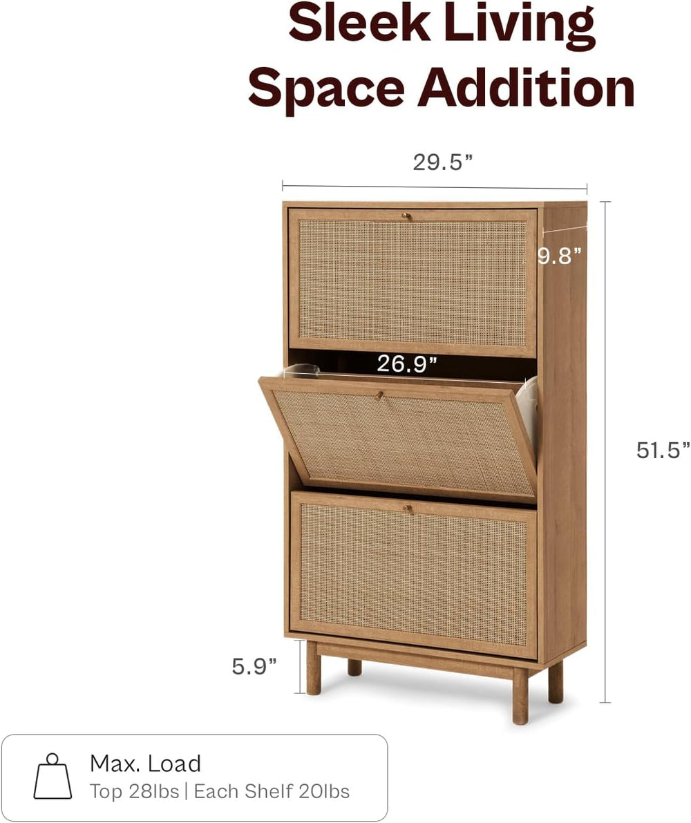 mopio Hannah Shoe Cabinet, Natural Rattan Farmhouse Shoe Storage Organizer, 3...