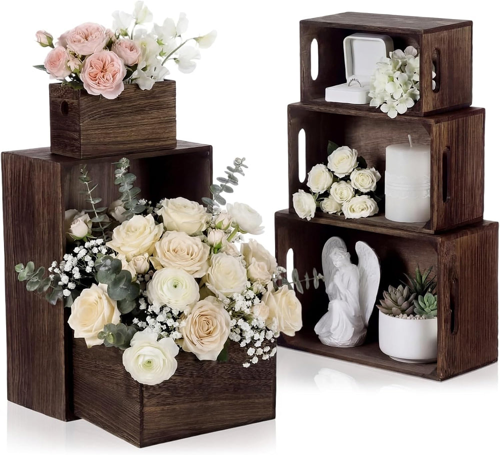 AceOrbit Set of 6 Rustic Wood Crates, Nesting Storage Boxes,Dark Brown