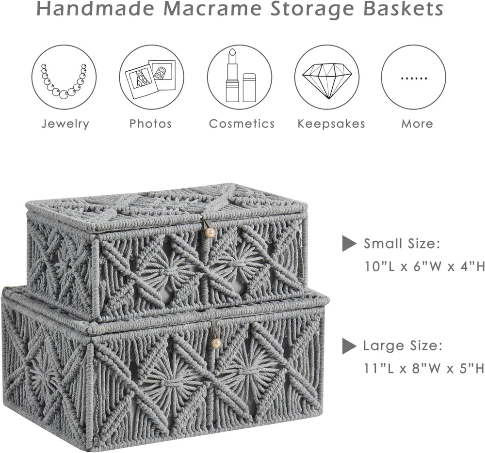 2PCS Decorative Boho Storage Basket with Lid Natural Macrame Box
