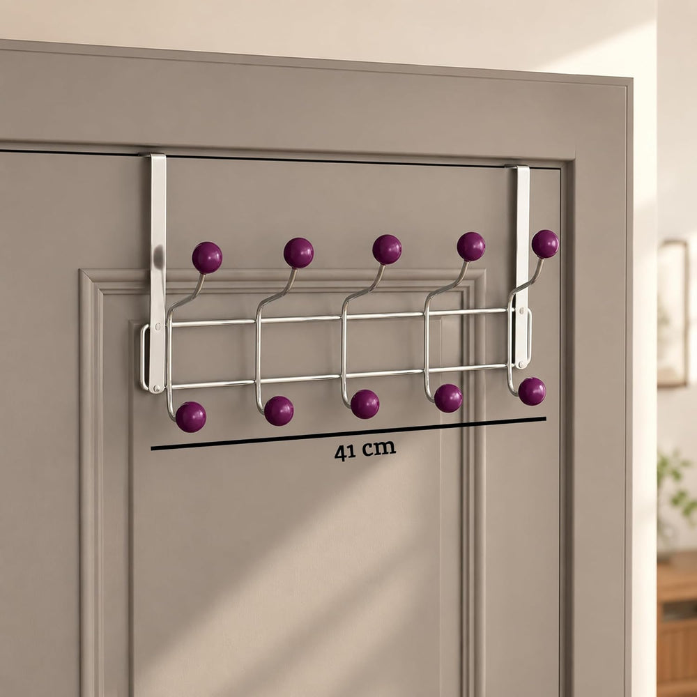Premier Purple Over Door Coat Hooks - 10 Hooks, Chrome Finish, Modern Minimal...
