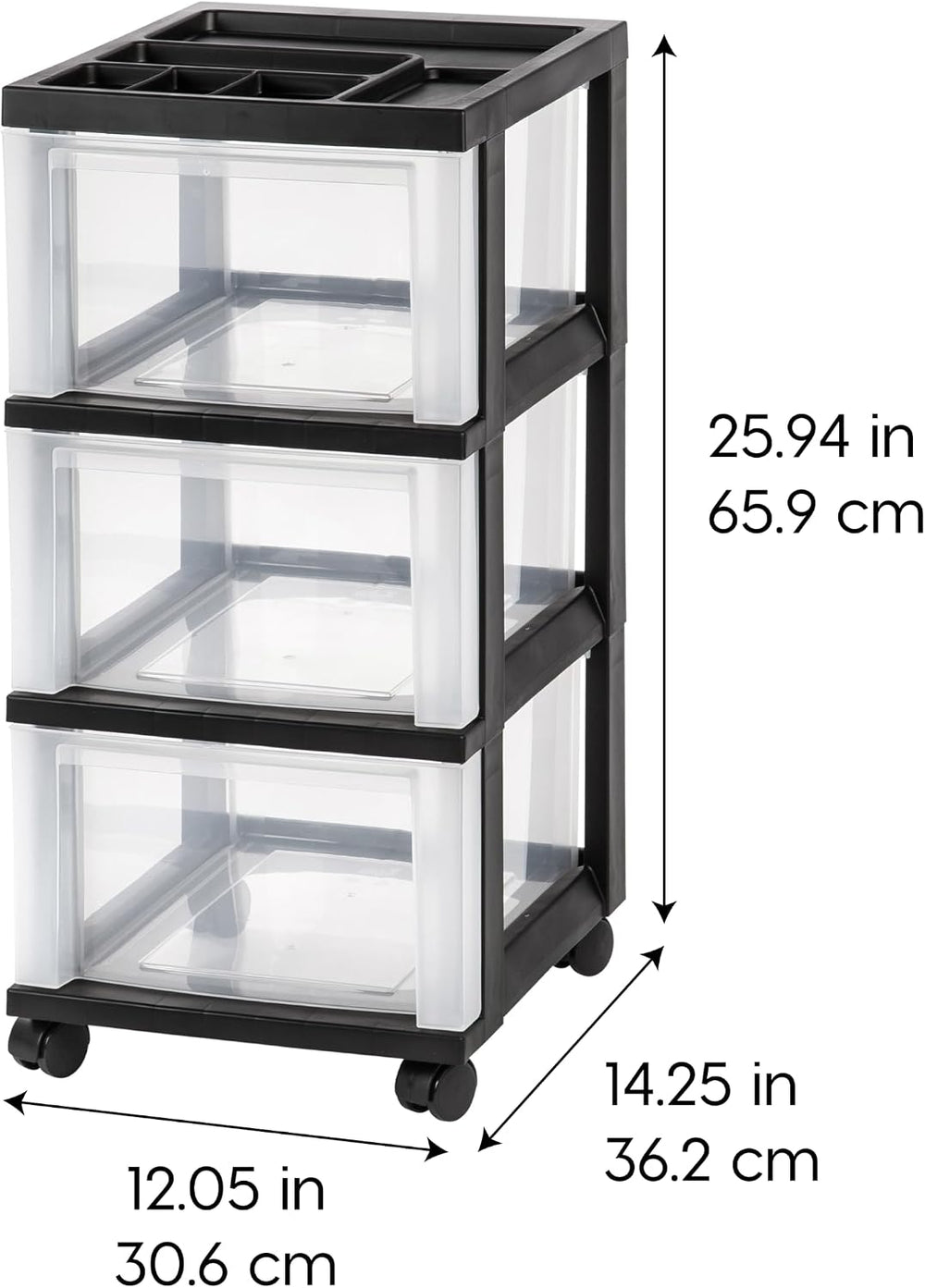IRIS USA 3-Drawer Rolling Storage Cart, Black/Clear