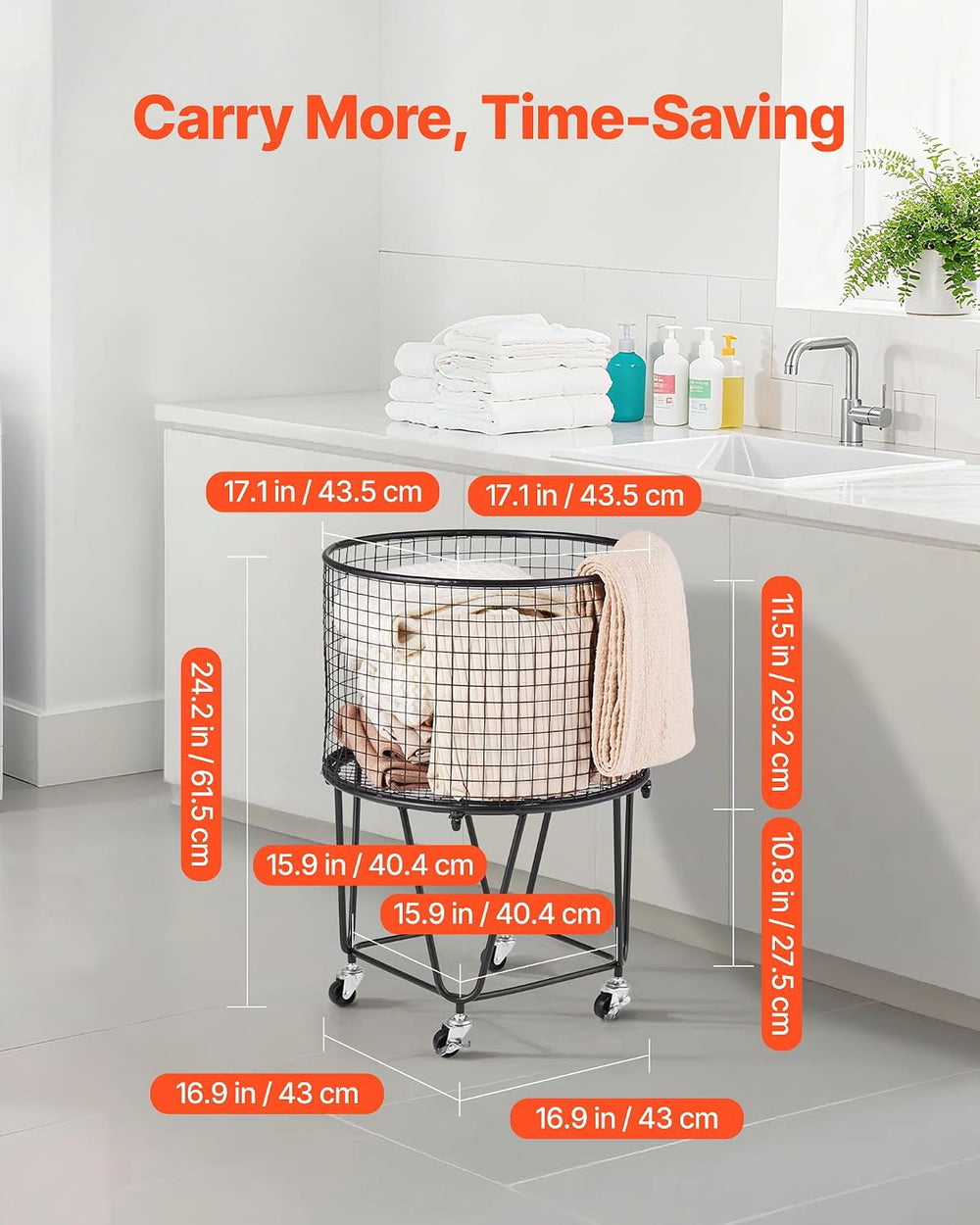 VEVOR Laundry Basket with Wheels, Metal Storage Cart Deep Set Rolling Mesh La...