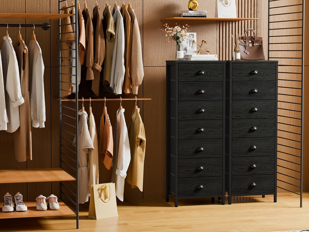 Furnulem Black Bedroom Dresser, Tall Chests of Drawers with 7 Fabric Bins