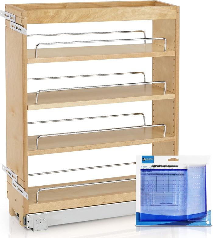 Rev-A-Shelf Pull Out Cabinet Organizer 448-BC-5C, 5-Inch Kitchen Cabinet Base Filler Wood with 3 Adjustable Shelves for Storage and Organizing, Wholesalehome Installation Kit Included, Maple