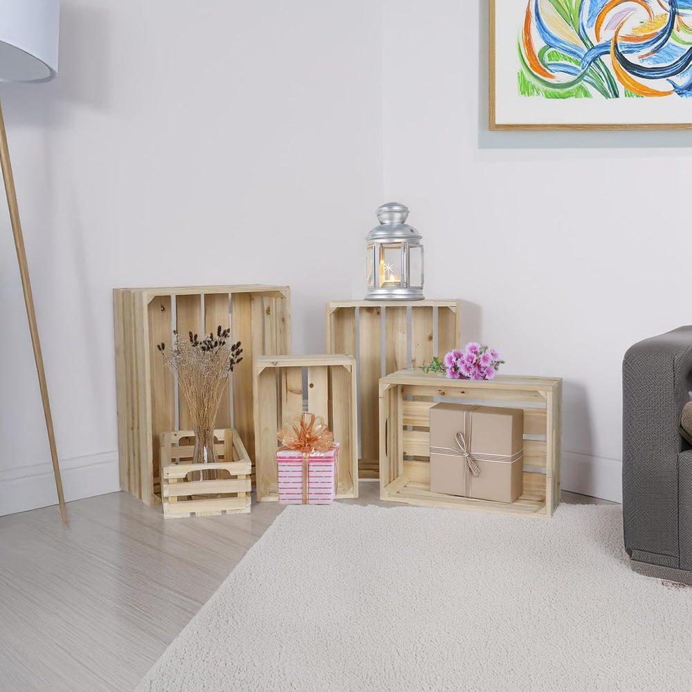 5-Piece Rustic Wooden Crates Unfinished Set, Wall Mountable Slatted Storage C...