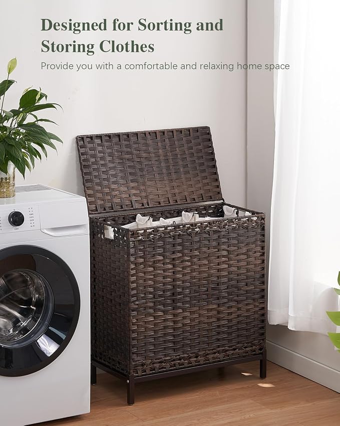 Laundry Hamper with Lid 132 L, Clothes Hamper with Lid, Handwoven Rattan