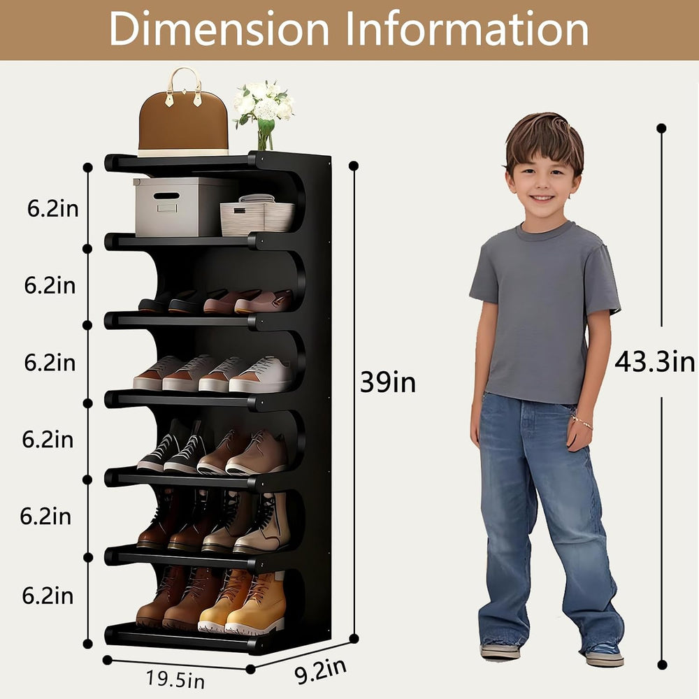 7-Tier Bamboo Shoe Rack, Vertical Narrow Shoe Rack for Small Space, Free Stan...