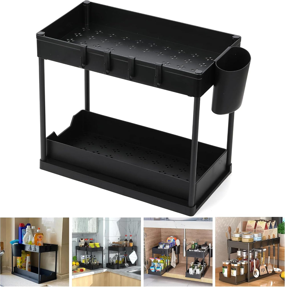 2 Tier Under Sink Organizer with Sliding Drawer, Pull Out Cabinet Storage Rac...