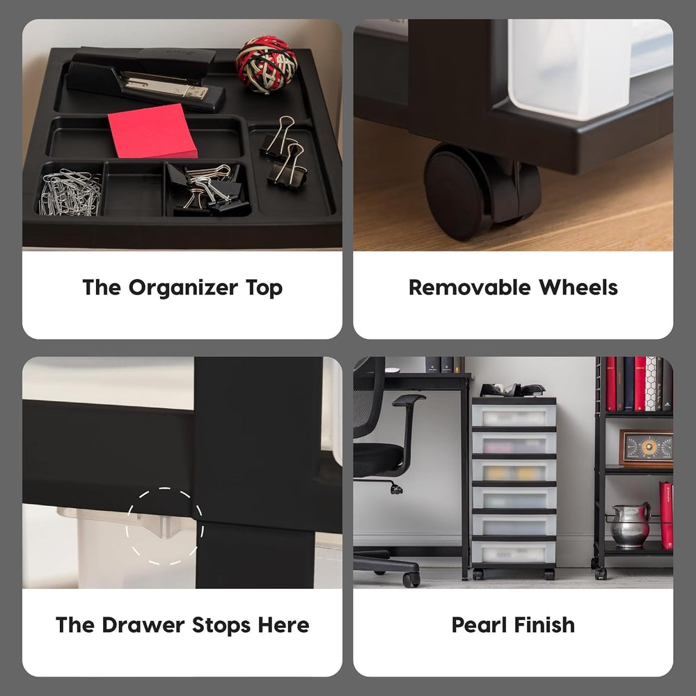 IRIS USA 6-Drawer Rolling Storage Cart with Organizer Top, Black/Pearl