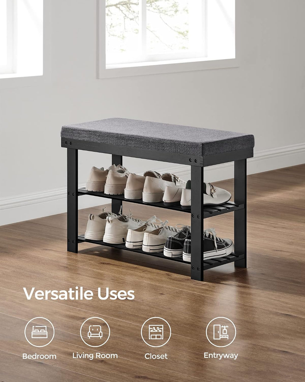 SONGMICS Bamboo Shoe Bench, 3-Tier Shoe Rack, 11.9 x 28.3 x 19.2 Inches