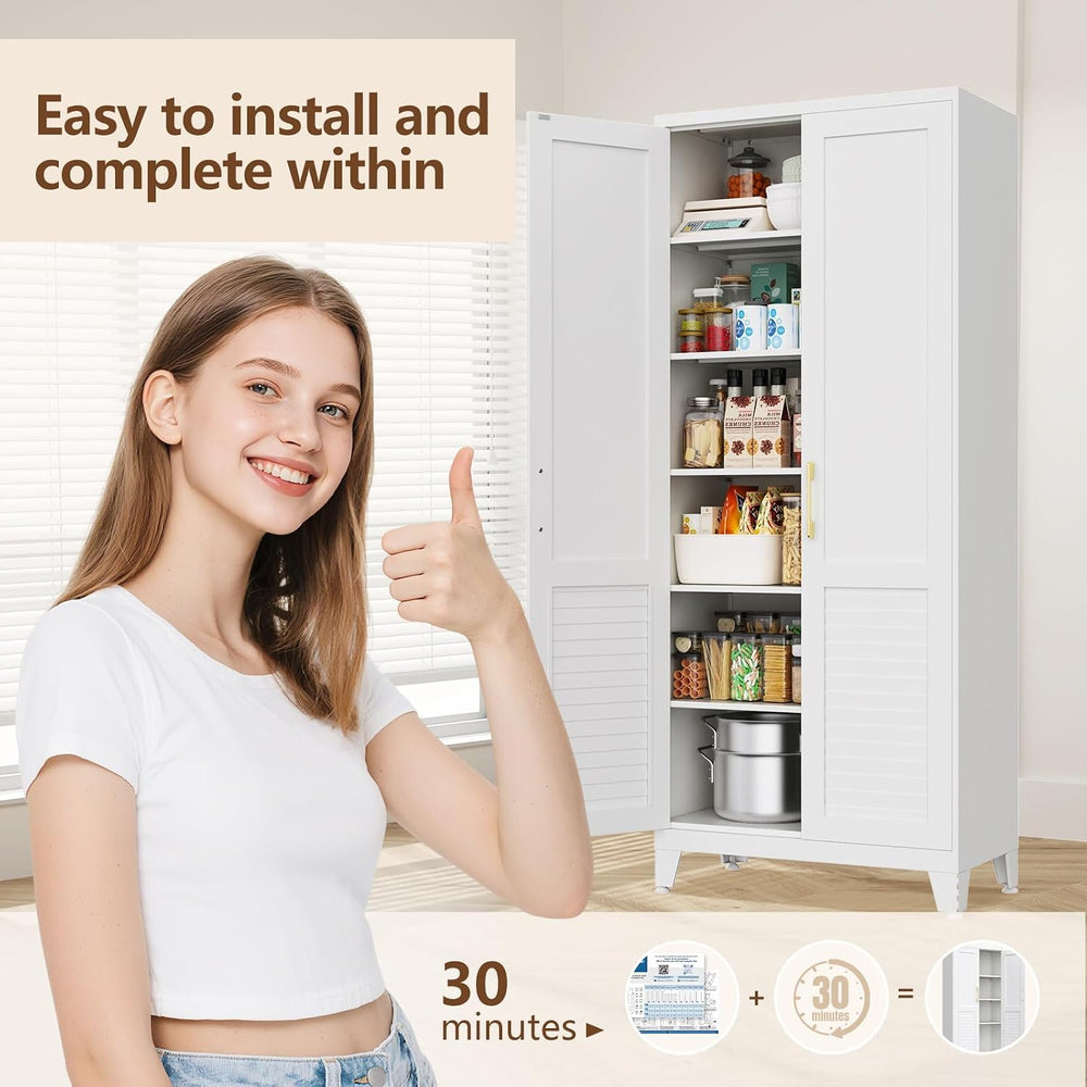 61" H Storage Cabinet, Freestanding Kitchen Pantry Cabinet with Louvered...