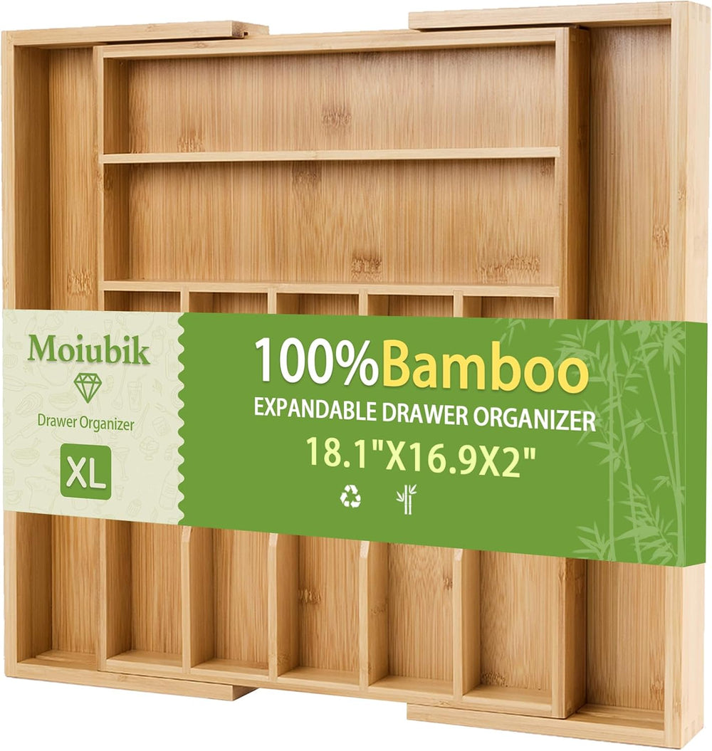 Bamboo Expandable Silverware Drawer Organizer, Adjustable Utensil Tray Cutler...