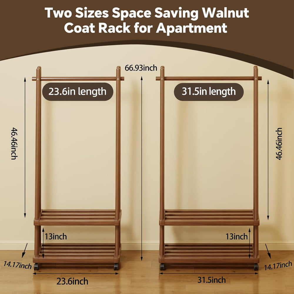 Solid Wood Clothing Rack with Wheels, Garment Rack Shelves, 31.5" Walnut