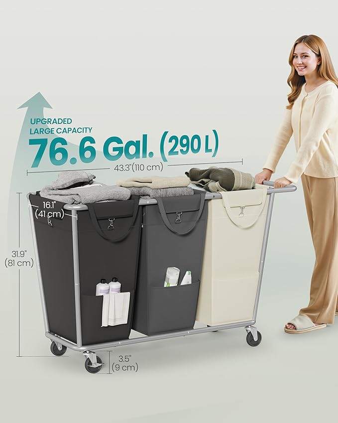 SONGMICS Laundry Basket with Wheels, 76.6 Gallons, 3-Section Rolling Laundry - Image 6