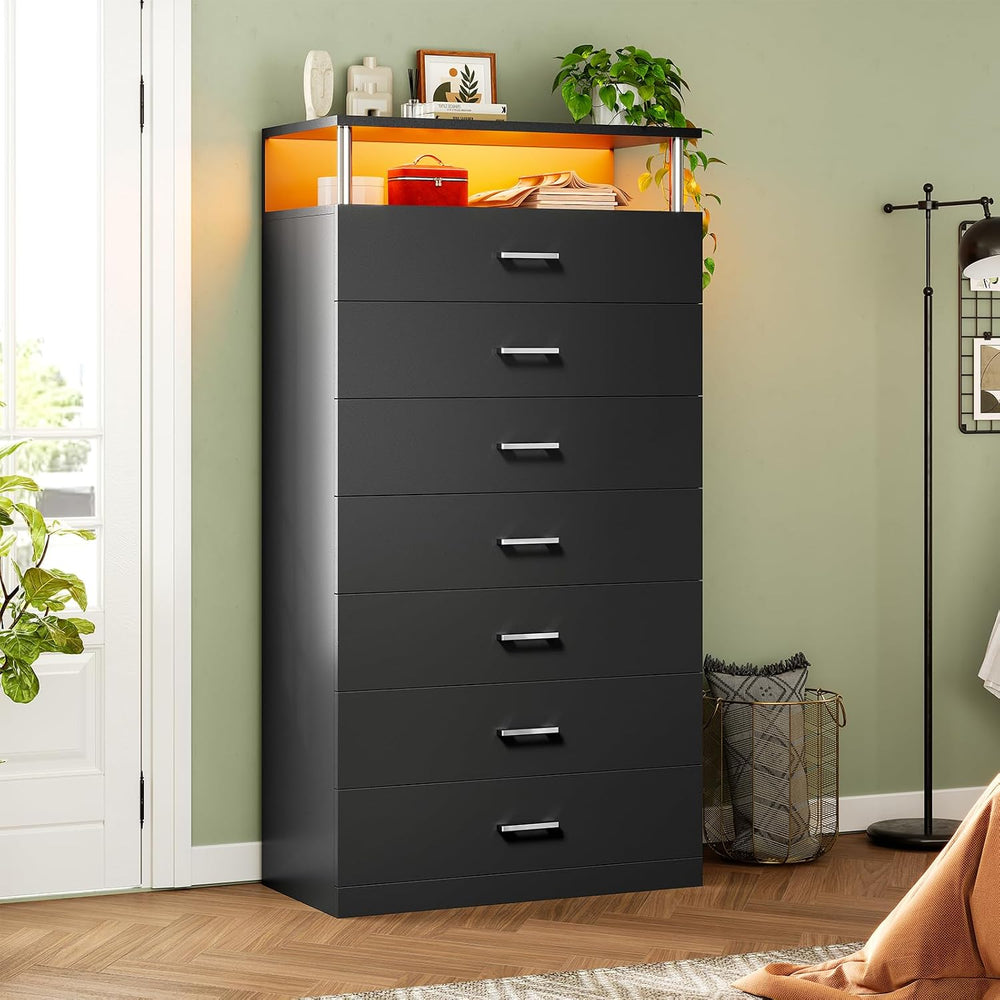 AOGLLATI Black Tall Dresser for Bedroom with Column Design & Led Lights, ...