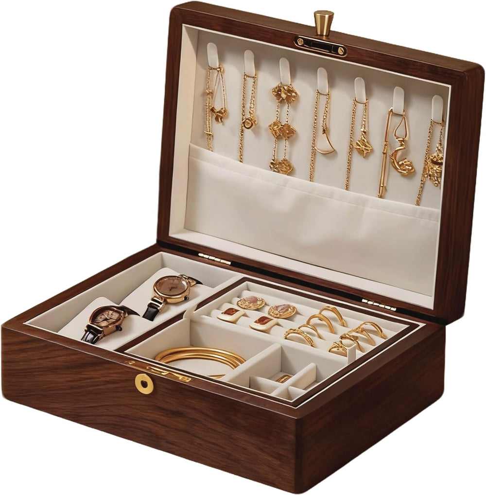 Bescott 2 Layer Solid Black Walnut Wooden Jewelry Box with Lock and Key for W...
