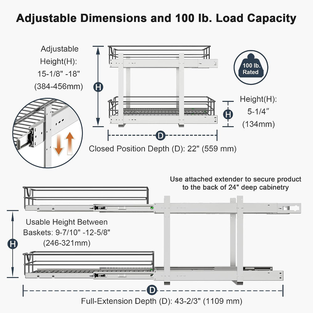 2 Tier Pull Out Cabinet Organizer - 20" W x 22" D Soft Close Slide ...