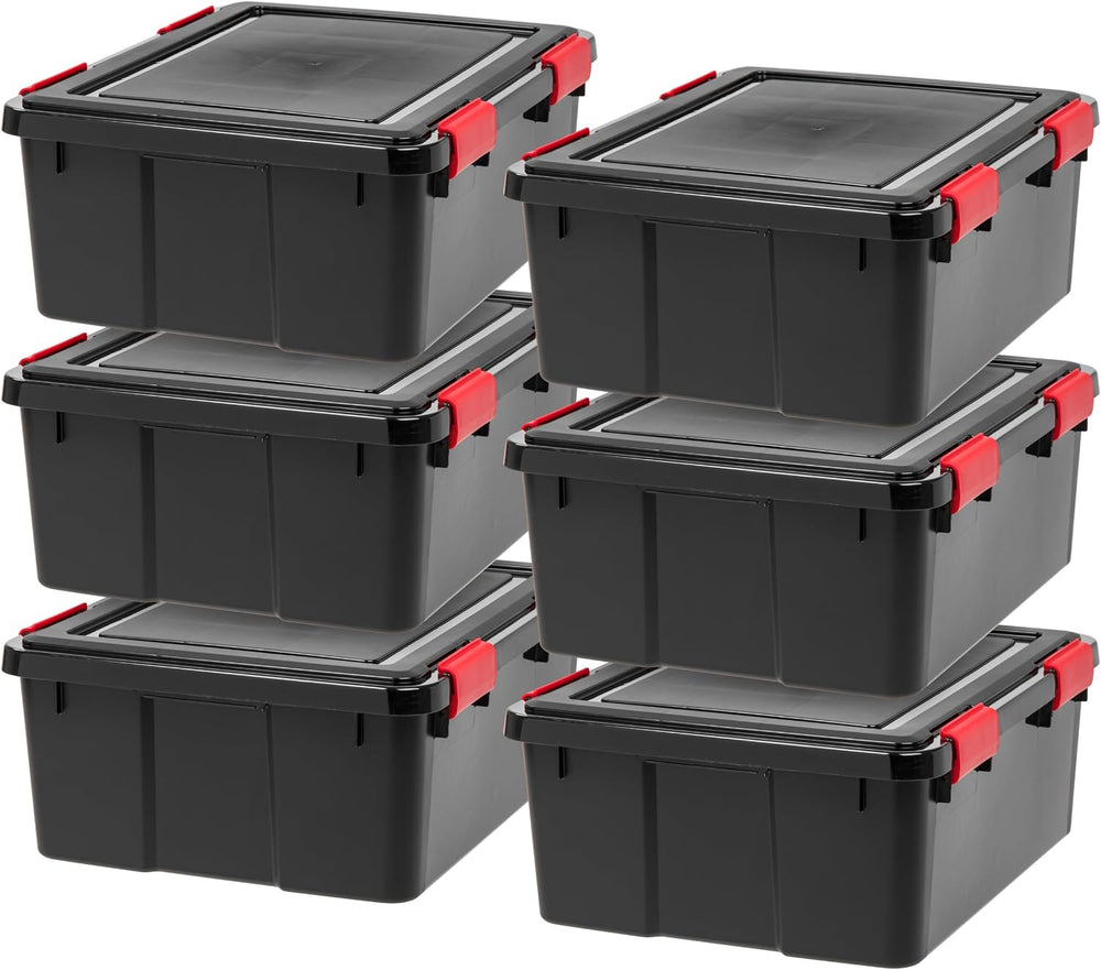 IRIS USA 6-Pack 31 Qt Storage Bins with Gasket Lids, Black/Red