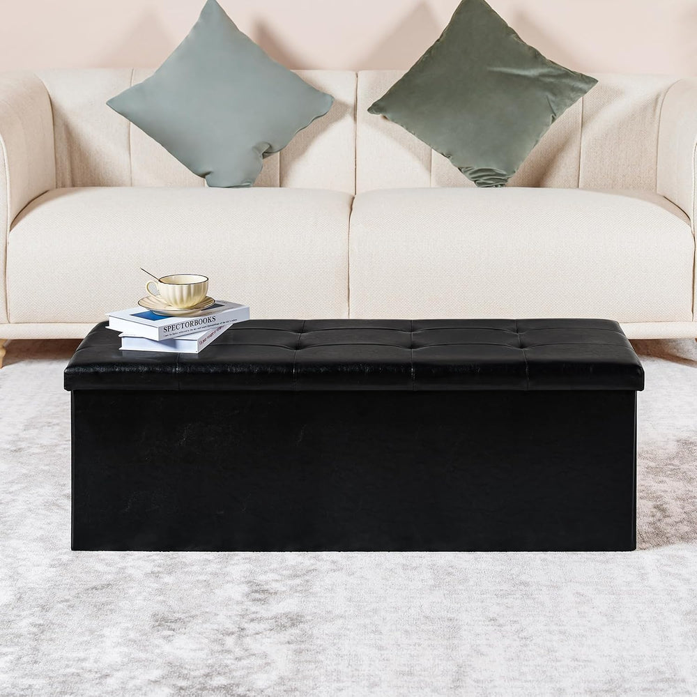 PINPLUS Folding Storage Ottoman Bench, Black Faux Leather
