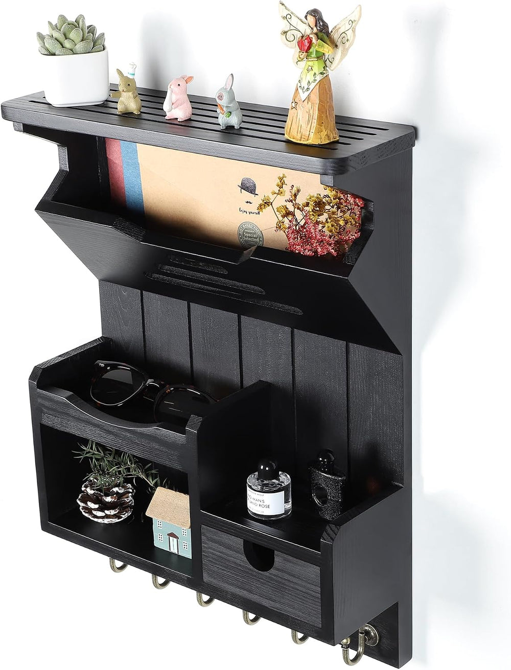 DOPACE Handcrafted Pine Wood Mail Organizer & Key Holder, Black