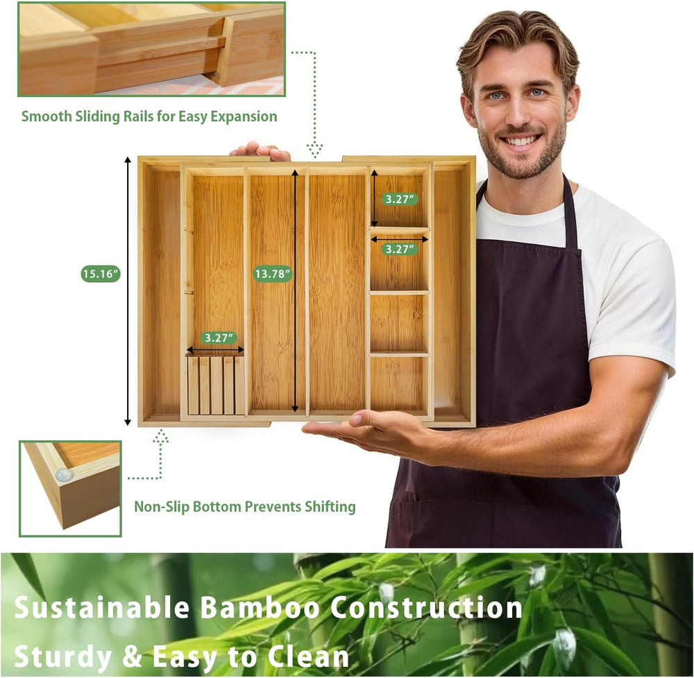 Bamboo Expandable Drawer Organizer, 15"-22" Storage Tray