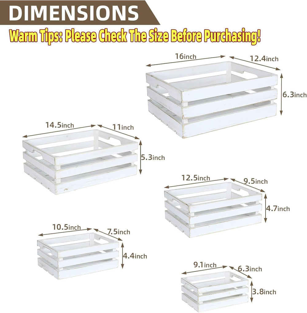 5-Piece Rustic White Wooden Crates Set, Wall Mountable Slatted Storage Crates...