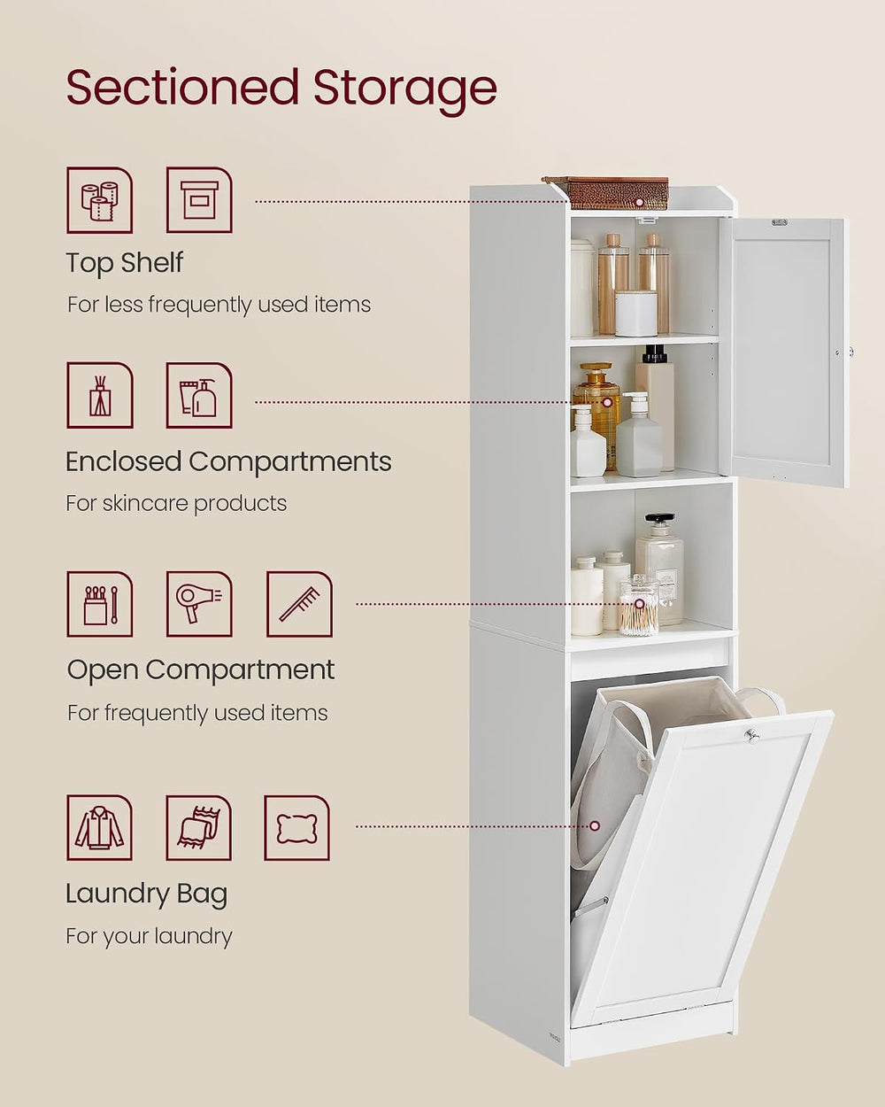 VASAGLE Tall Storage Cabinet, with Removable Laundry Basket, Cloud White
